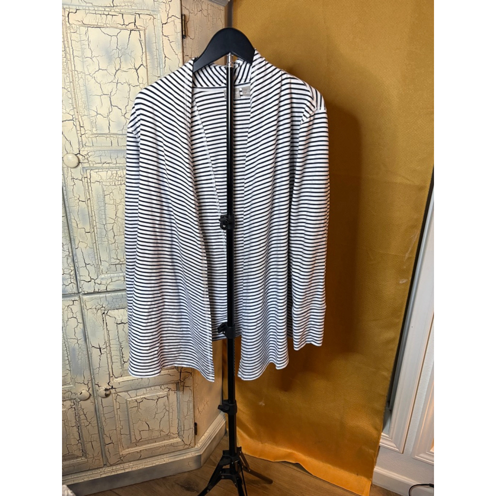 Chico's Zenergy White & Navy Striped Open Cardigan L 12/14 asymmetrical nautical